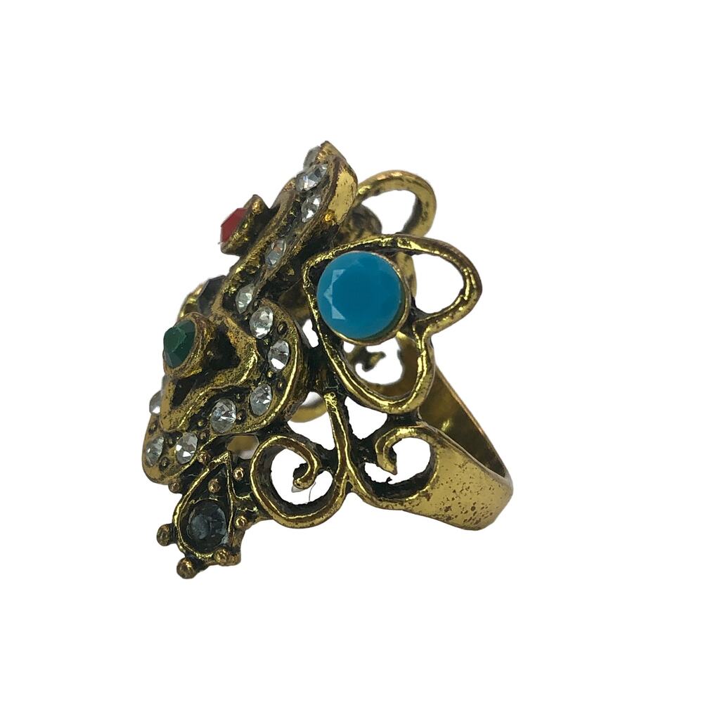 Gold and Multicolor Rhinestone Statement Ring - Size 9 - Picture 4 of 7